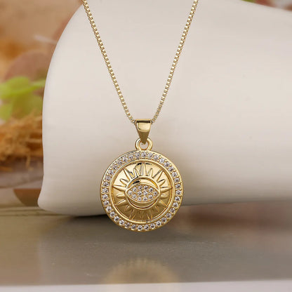 Aogu Cross-Border Copper Plating 18k Gold Zircon Sun Moon Round Pendant Necklace Female Niche High Sense Necklace