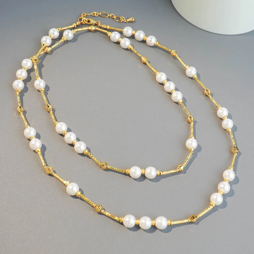 Artificial Pearl Copper 18K Gold Plated Simple Style Classic Style Beaded Round Double Layer Necklaces