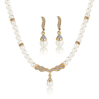 Artificial Pearl Diamond Crystal Alloy Necklace Earrings Jewelry Set Women's Bridal Jewelry