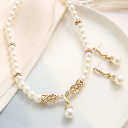 Artificial Pearl Diamond Crystal Alloy Necklace Earrings Jewelry Set Women's Bridal Jewelry