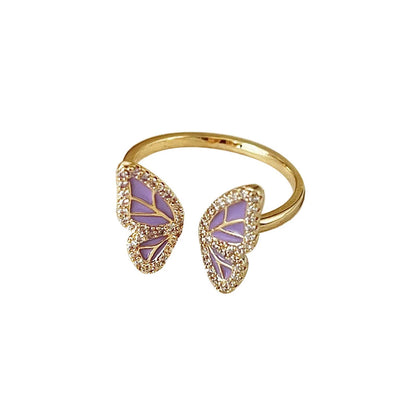 Artistic Flower Rhombus Butterfly Copper Enamel Inlay Artificial Pearls Shell Zircon Rings