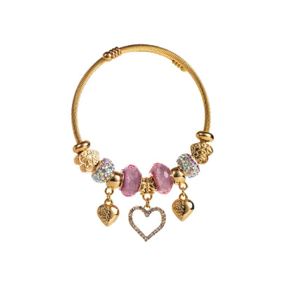 Artistic Shiny Heart Shape Alloy Titanium Steel Plating Inlay Rhinestones Gold Plated Bangle