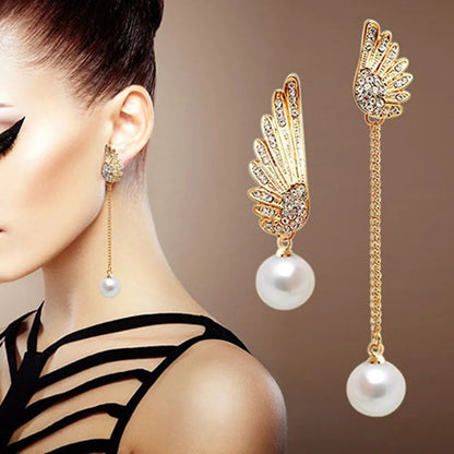 Asymmetric Rhinestone Pearl Angel Wing Stud Earrings