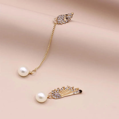 Asymmetric Rhinestone Pearl Angel Wing Stud Earrings