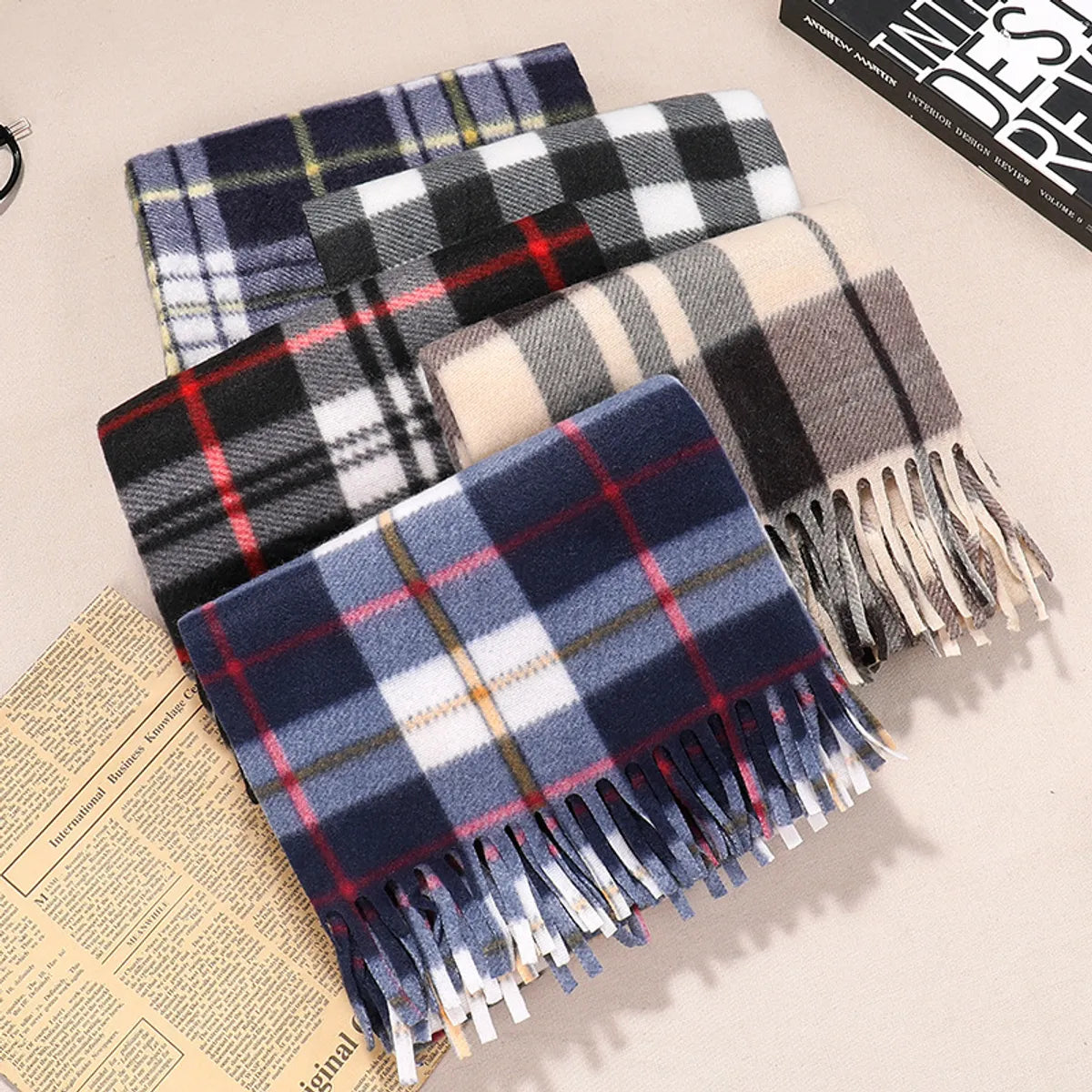 Women'S Fashion Plaid Double-Sided Velvet Tassel Winter Scarves