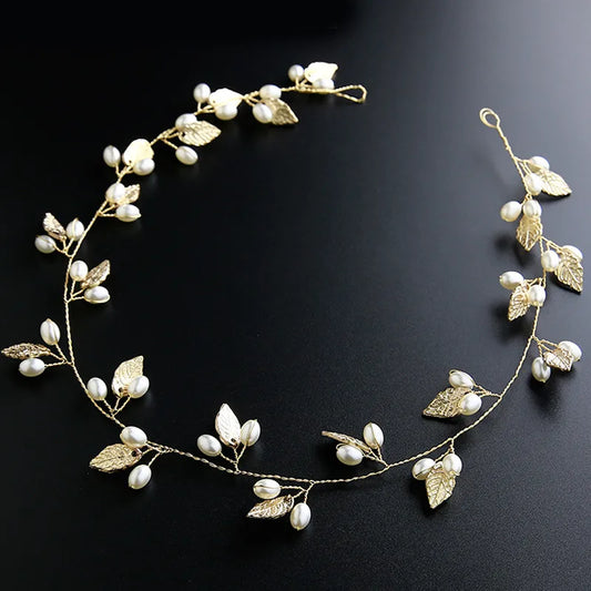 Baroque Alloy Leaf Handmade Pearl Chain Bride  Hairband