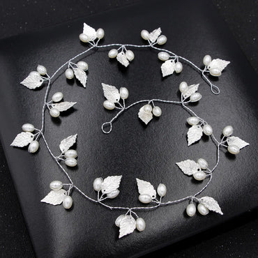 Baroque Alloy Leaf Handmade Pearl Chain Bride  Hairband