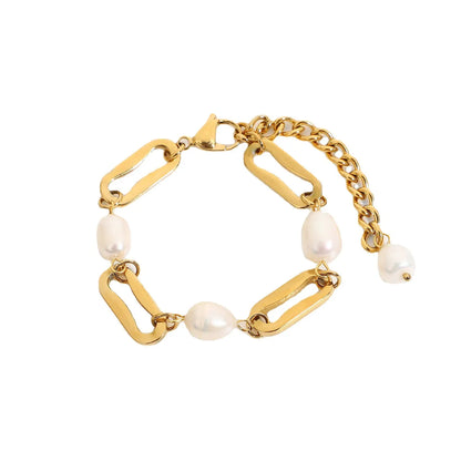 Baroque Pearl Rectangular Chain Gold-Plated Stainless Steel Bracelet