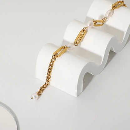 Baroque Pearl Rectangular Chain Gold-Plated Stainless Steel Bracelet