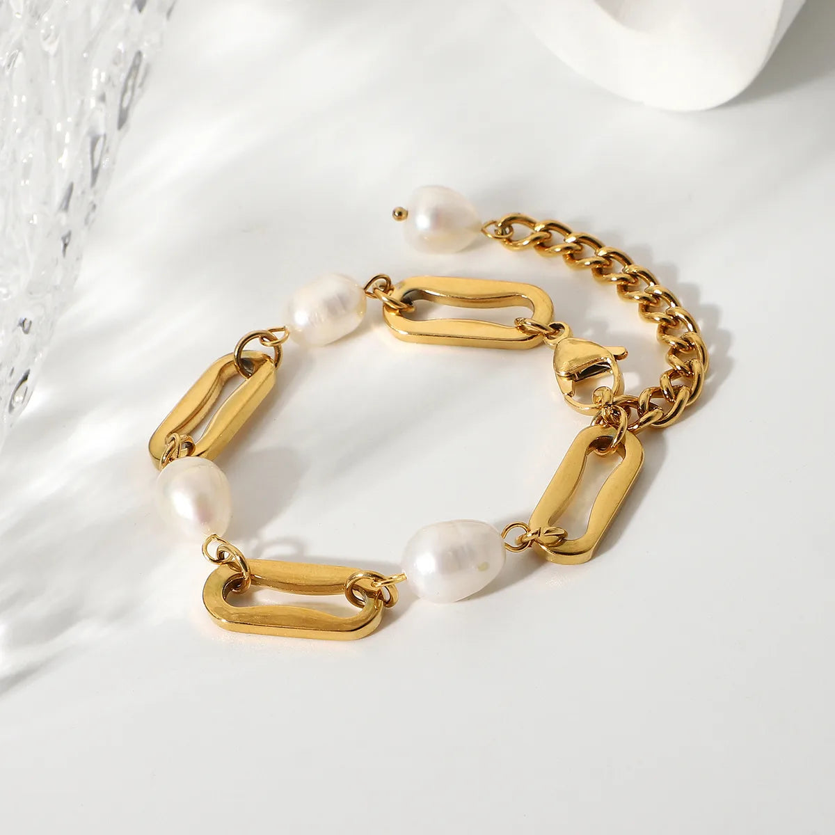 Baroque Pearl Rectangular Chain Gold-Plated Stainless Steel Bracelet