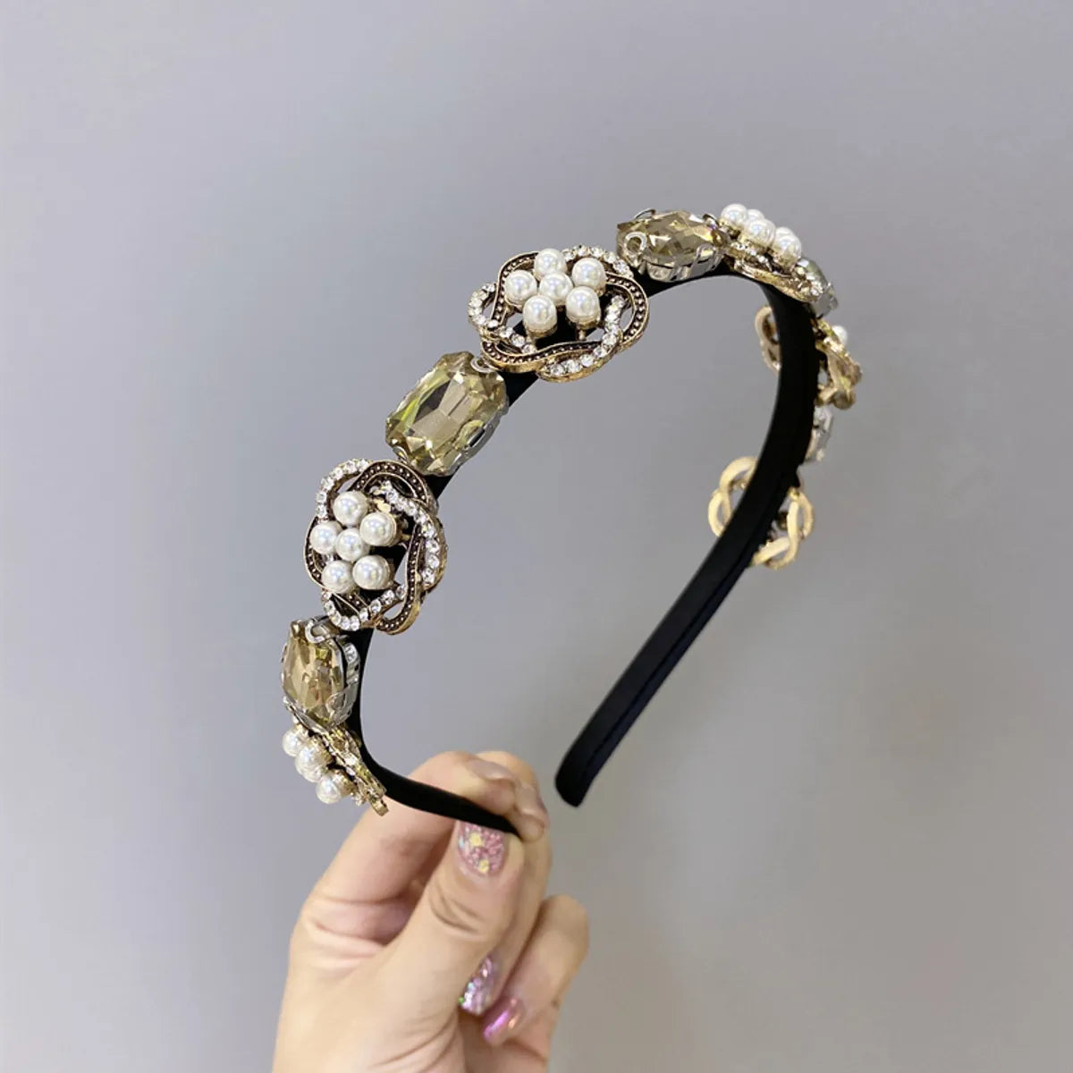 Baroque Rhinestone Headband Retro Heavy Alloy Pearl Headband Non-Slip Head Band Hair Hole Pressure Hair Wholesale Nihaojewelry