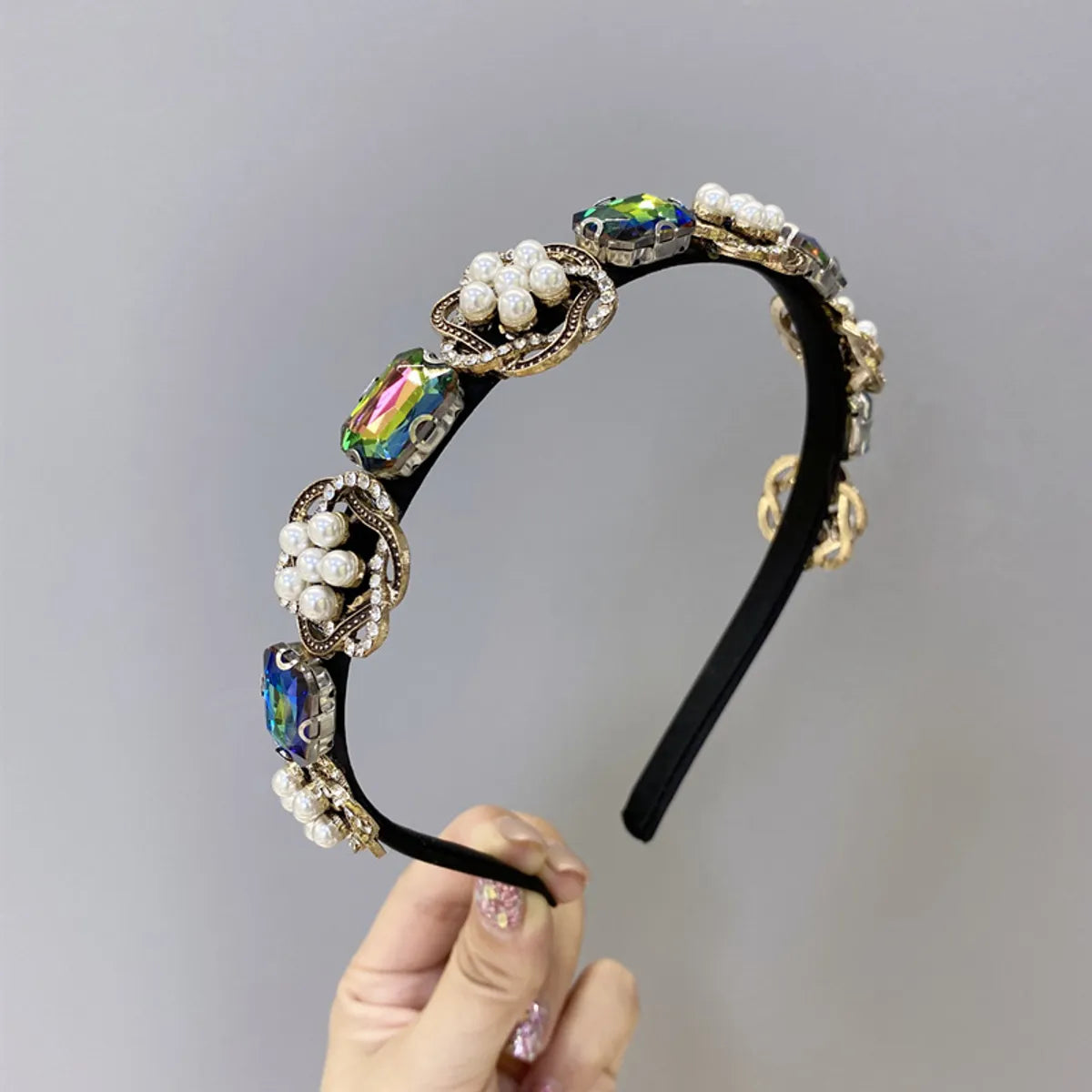 Baroque Rhinestone Headband Retro Heavy Alloy Pearl Headband Non-Slip Head Band Hair Hole Pressure Hair Wholesale Nihaojewelry