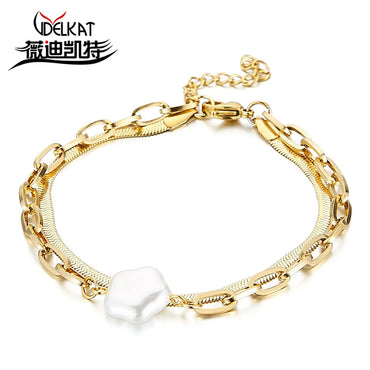 Baroque Shaped Shell Beads Snake Bone Bracelet Female Ins Stainless Steel Chain Bracelet Japanese And Korean Cross-border Sold Jewelry