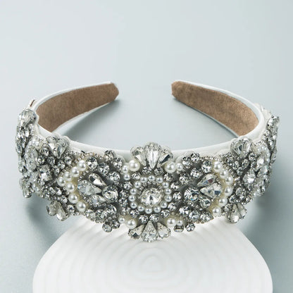 Baroque Silver Diamond Flower Geometric Inlaid Pearl Wide Headband