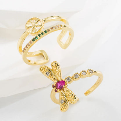 Baroque Style Dragonfly Copper Plating Inlay Zircon Gold Plated Open Ring