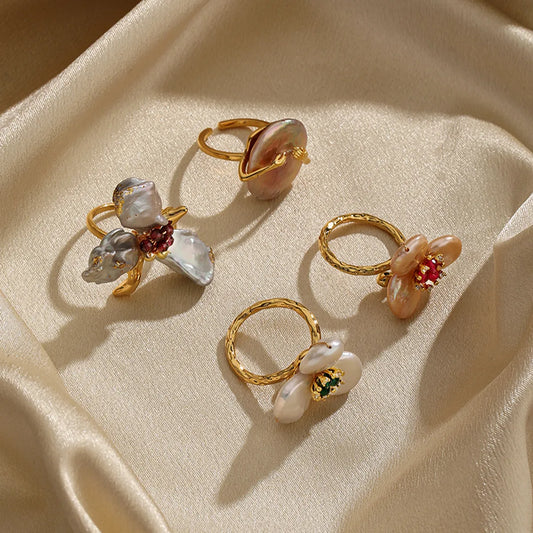 Baroque Style Flower Copper Plating Metal Inlay Artificial Crystal Freshwater Pearl 18k Gold Plated Open Rings