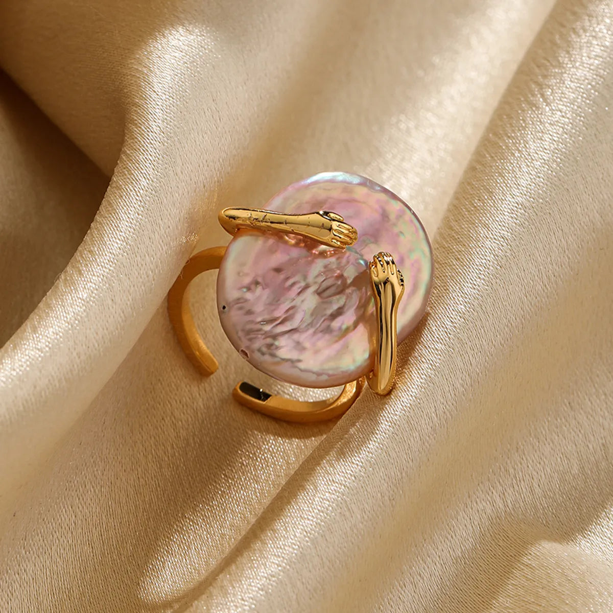 Baroque Style Flower Copper Plating Metal Inlay Artificial Crystal Freshwater Pearl 18k Gold Plated Open Rings