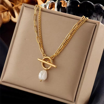 Baroque Style Round Imitation Pearl Titanium Steel Necklace