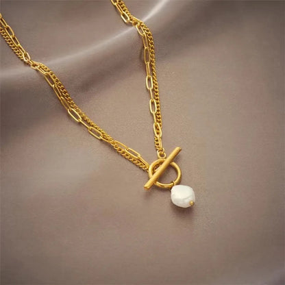 Baroque Style Round Imitation Pearl Titanium Steel Necklace