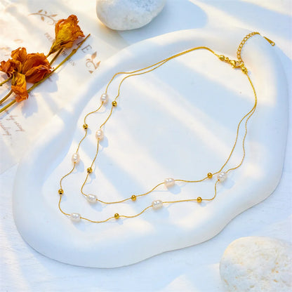 Baroque Style Solid Color Imitation Pearl Titanium Steel Beaded Plating 18k Gold Plated Layered Necklaces