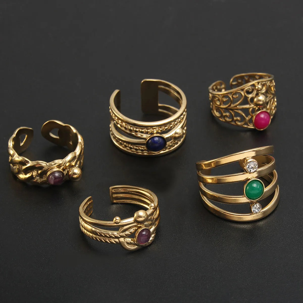 Baroque Style Solid Color Stainless Steel Plating Inlay Natural Stone Gold Plated Open Rings