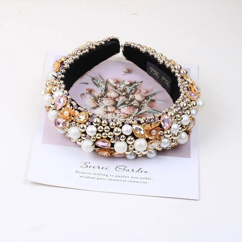 Baroque Style U Shape Sponge Inlay Rhinestones Pearl Hair Band 1 Piece