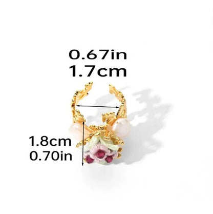 Baroque Style Vacation Flower Copper Plating Hollow Out Inlay Freshwater Pearl Zircon 18k Gold Plated Open Rings