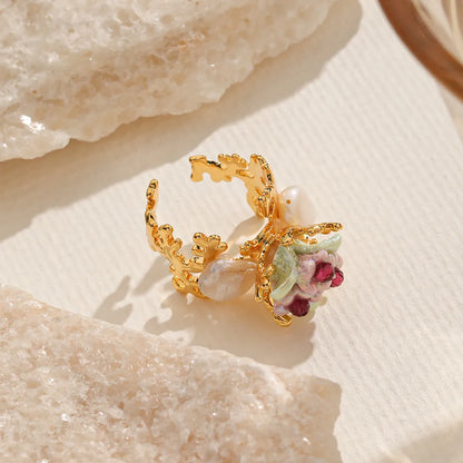 Baroque Style Vacation Flower Copper Plating Hollow Out Inlay Freshwater Pearl Zircon 18k Gold Plated Open Rings