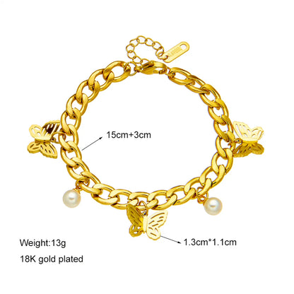 Basic Butterfly Titanium Steel Gold Plated Artificial Pearls Bracelets 1 Piece