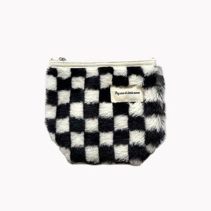 Basic Classic Style Checkered Plush Polyester Bucket Makeup Bags