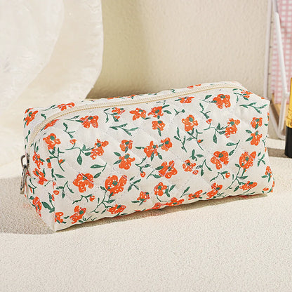 Basic Classic Style Ditsy Floral Cotton Cylindrical Makeup Bags