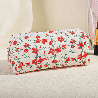 Basic Classic Style Ditsy Floral Cotton Cylindrical Makeup Bags