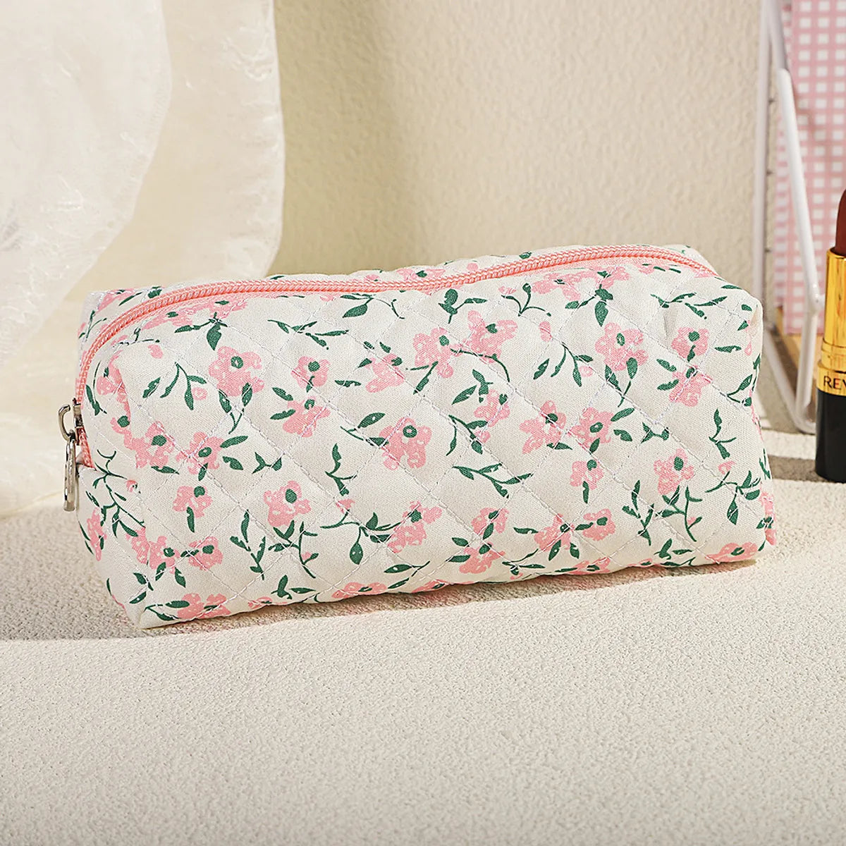 Basic Classic Style Ditsy Floral Cotton Cylindrical Makeup Bags