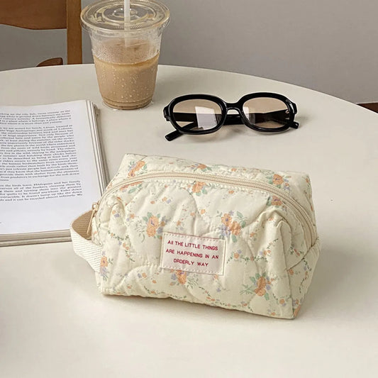 Basic Classic Style Flower Cotton Square Makeup Bags