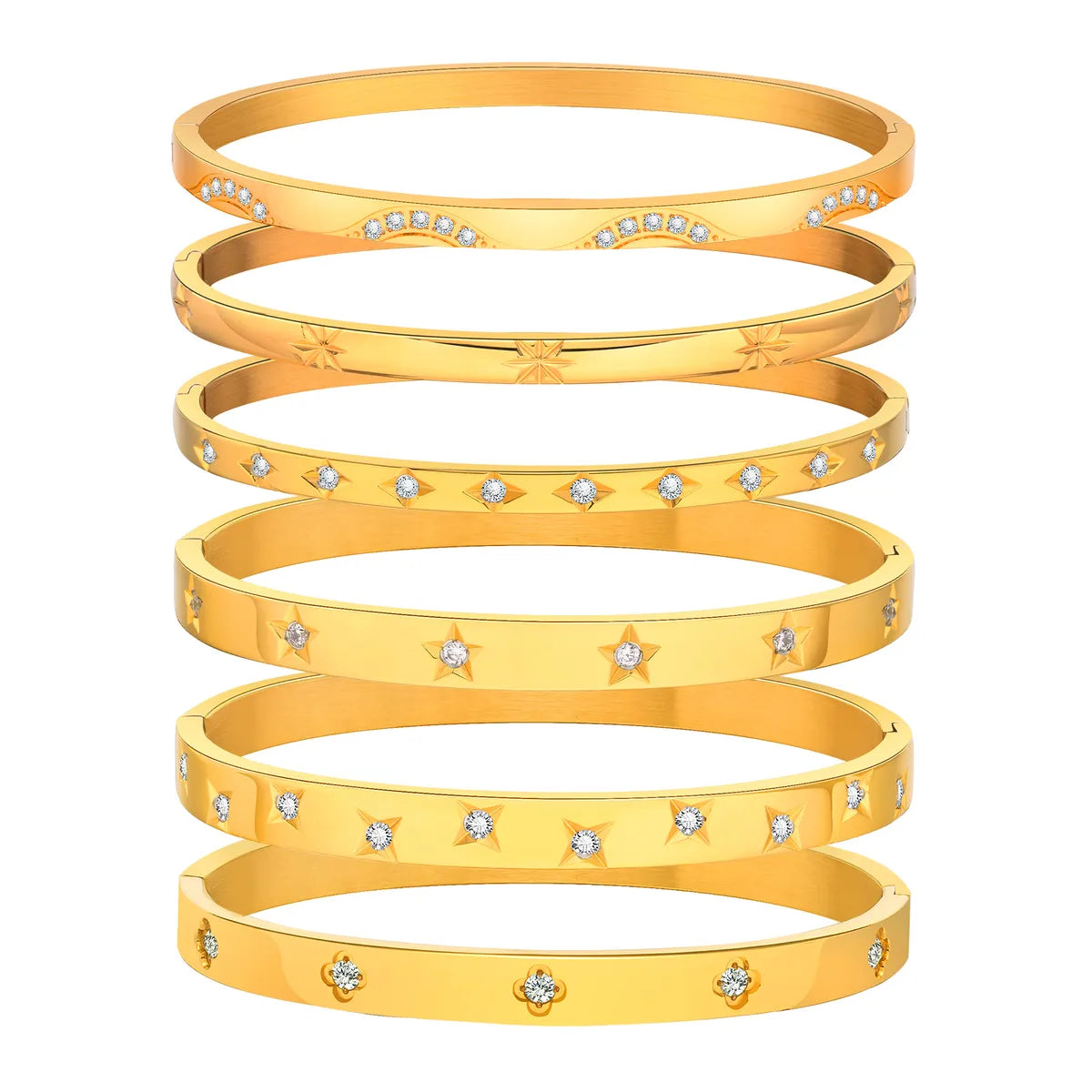 Basic Classic Style Four Leaf Clover Star Flower 304 Stainless Steel 18K Gold Plated Zircon Bangle In Bulk