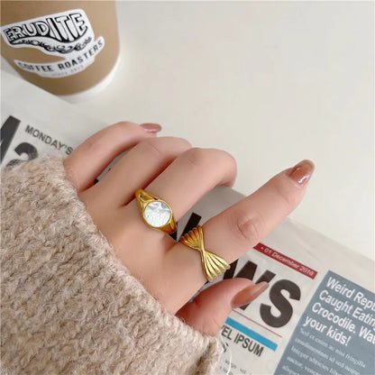 Basic Classic Style Geometric Titanium Steel Plating Inlay Shell 18k Gold Plated Rings