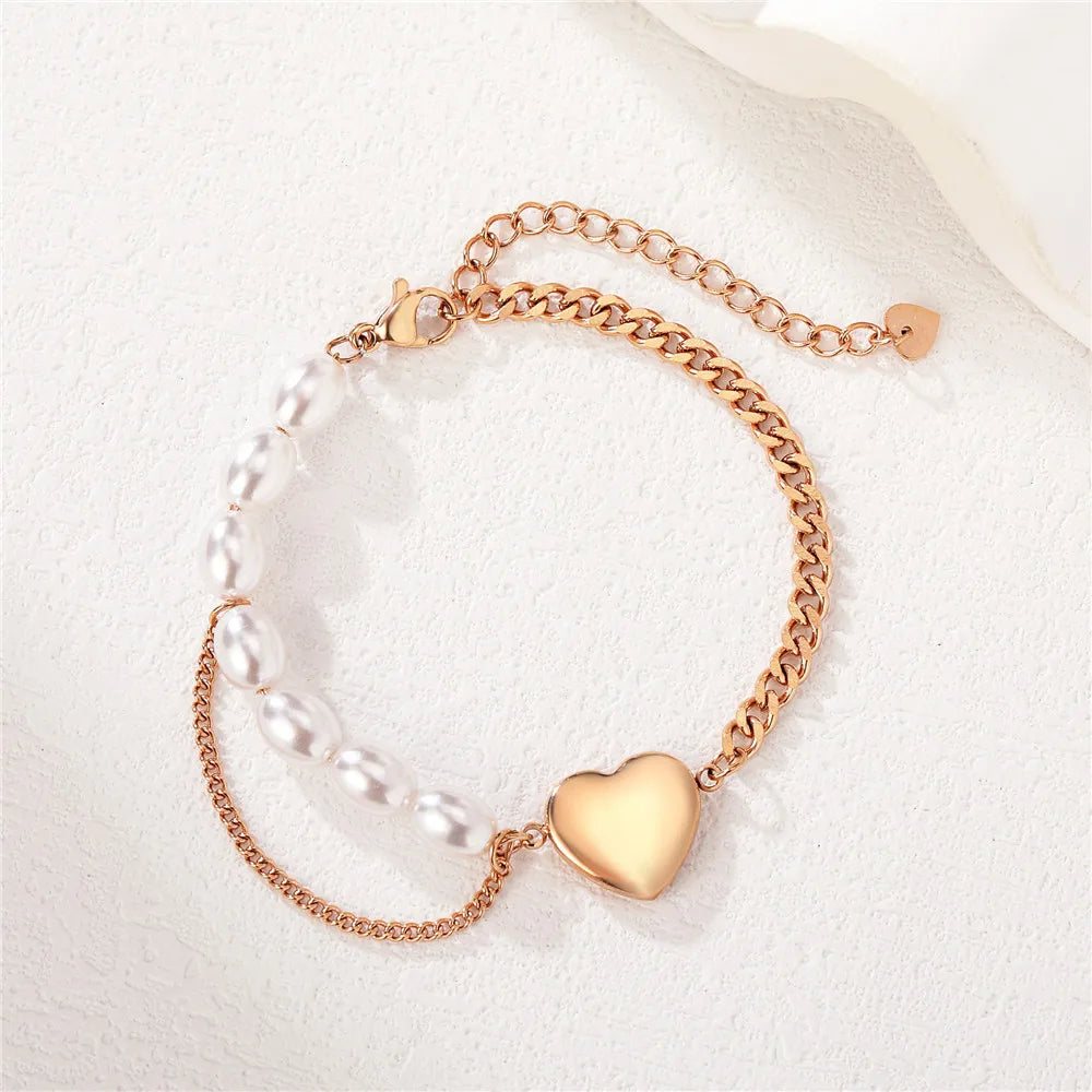 Basic Classic Style Heart Shape Artificial Pearl Titanium Steel Wholesale Bracelets