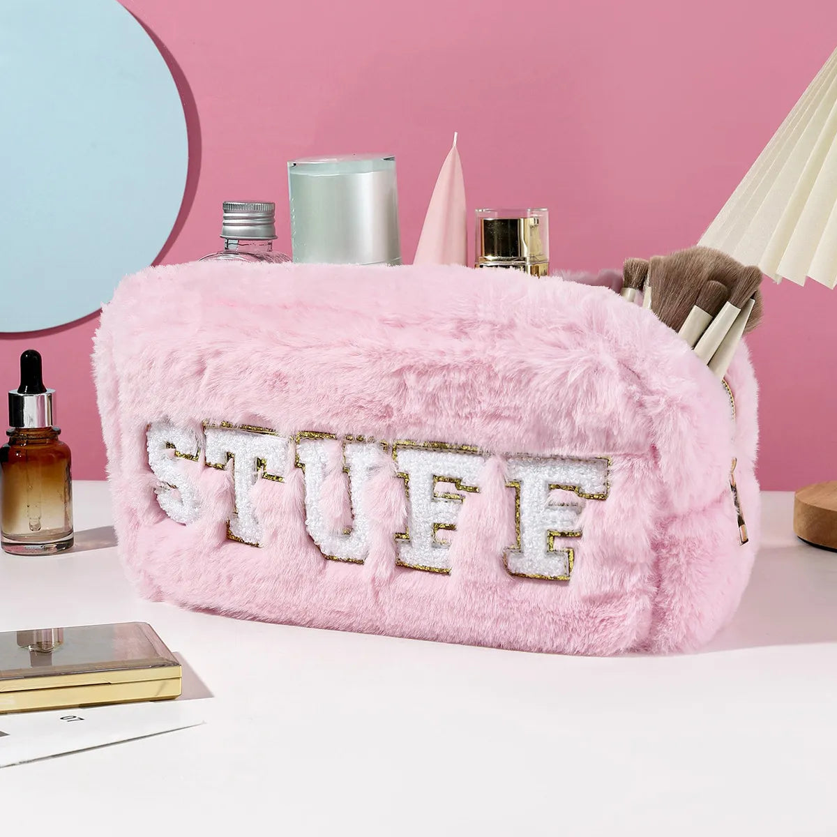 Basic Classic Style Letter Plush Square Makeup Bags