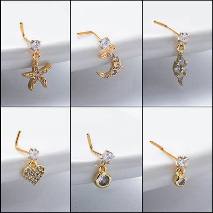 Basic Classic Style Moon Starfish Heart Shape Stainless Steel Plating Inlay Zircon 18k Gold Plated Nose Studs