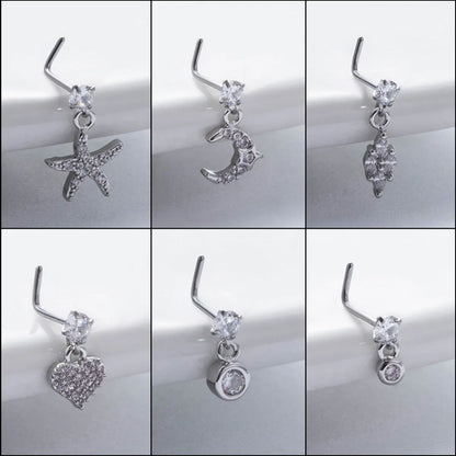 Basic Classic Style Moon Starfish Heart Shape Stainless Steel Plating Inlay Zircon 18k Gold Plated Nose Studs