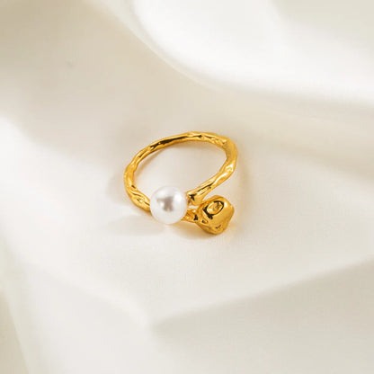 Basic Classic Style Round Stainless Steel Plating Inlay Artificial Pearls 18k Gold Plated Open Rings