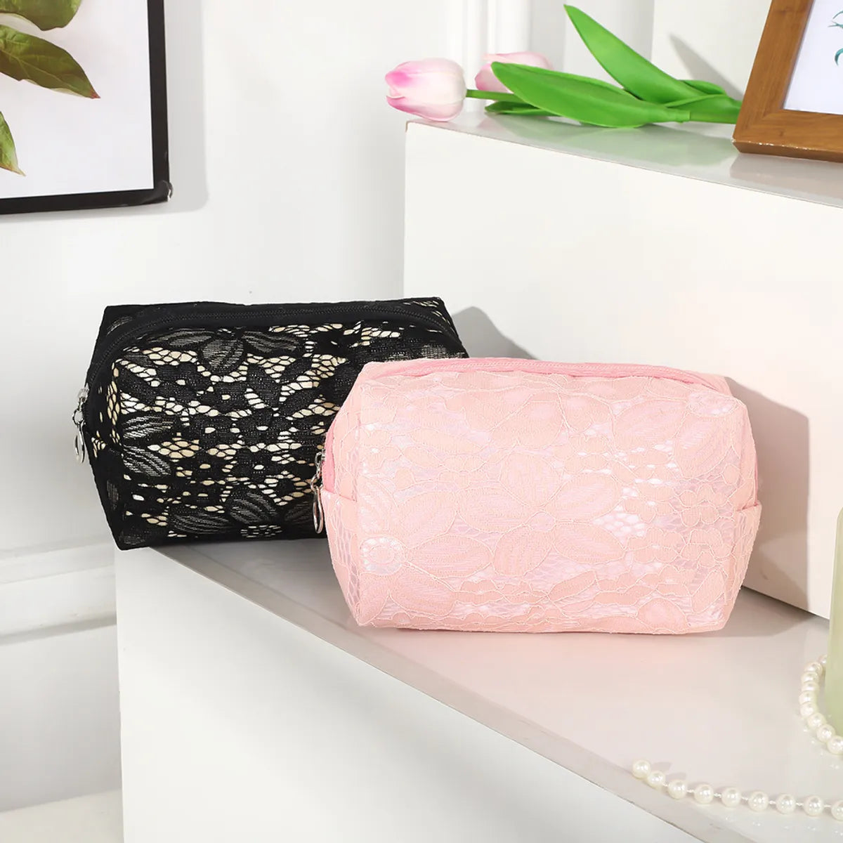 Basic Classic Style Solid Color Flower Polyester Lace Square Makeup Bags