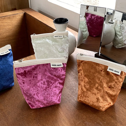 Basic Classic Style Solid Color Velvet Bucket Makeup Bags