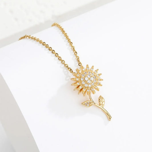 Basic Classic Style Sunflower Titanium Steel Inlay Zircon Pendant Necklace