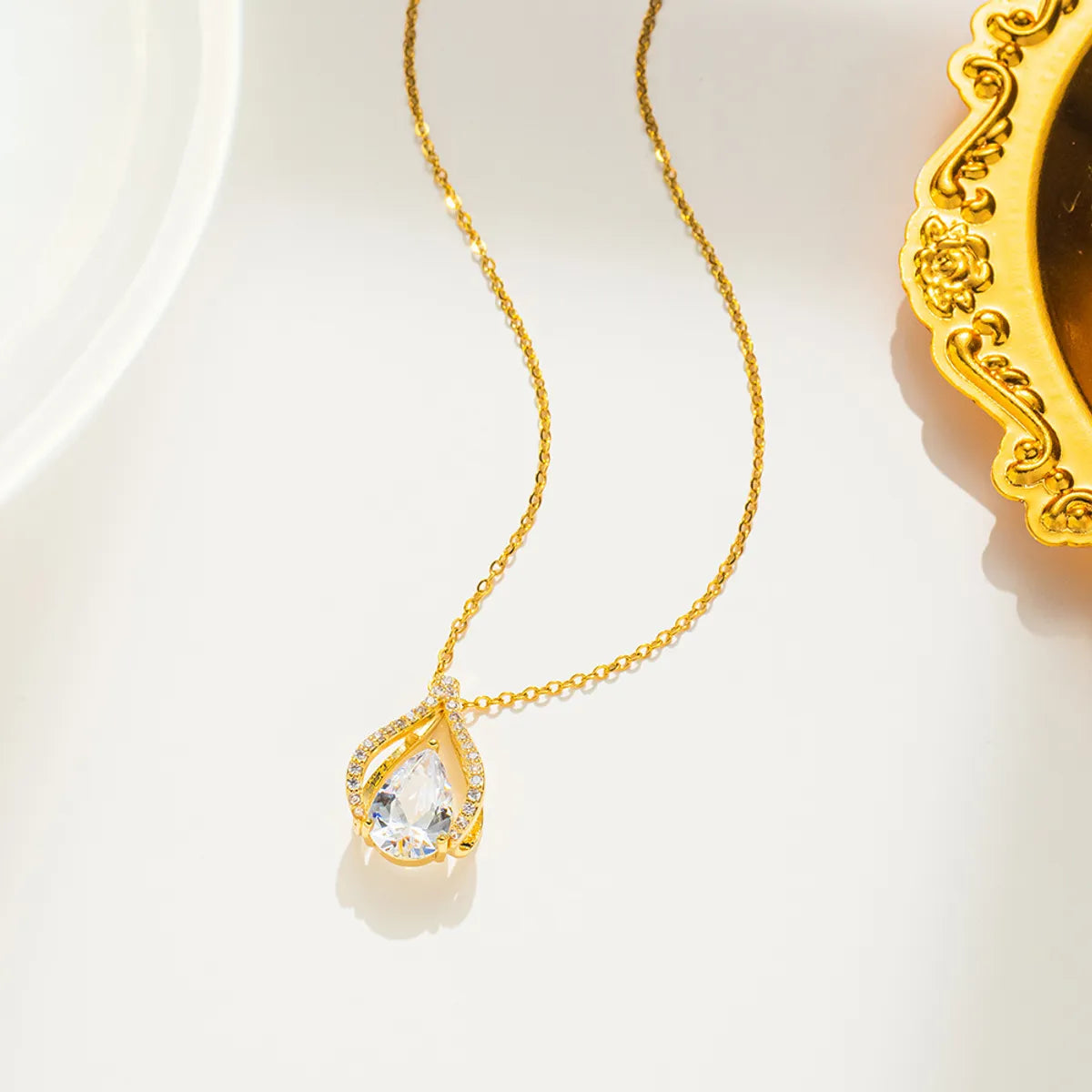 Basic Classic Style Water Droplets Titanium Steel Plating Inlay Zircon 18k Gold Plated Pendant Necklace