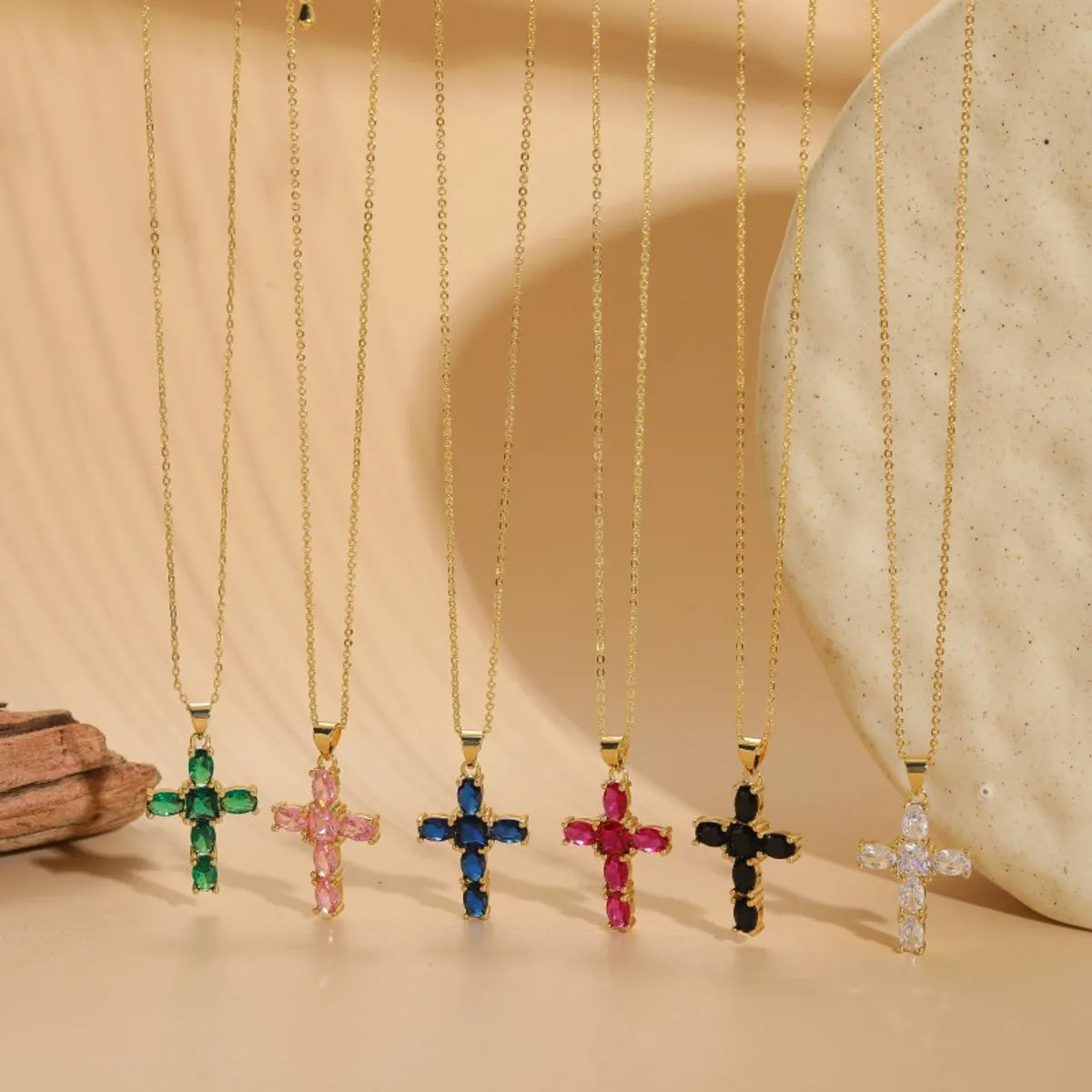 Basic Cross Copper Irregular Plating Inlay Zircon 14k Gold Plated Necklace