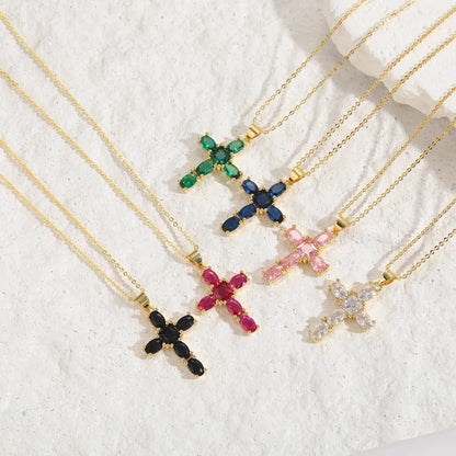 Basic Cross Copper Irregular Plating Inlay Zircon 14k Gold Plated Necklace