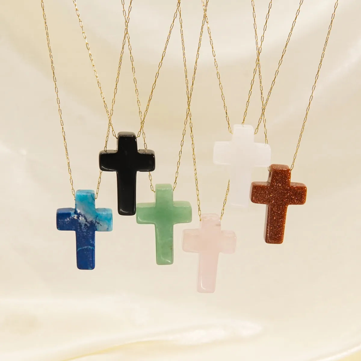 Basic Cross Natural Stone Plating 14k Gold Plated Pendant Necklace