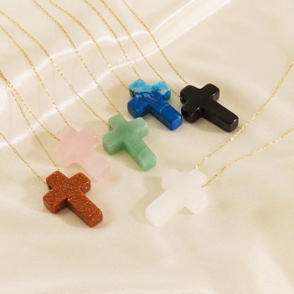 Basic Cross Natural Stone Plating 14k Gold Plated Pendant Necklace