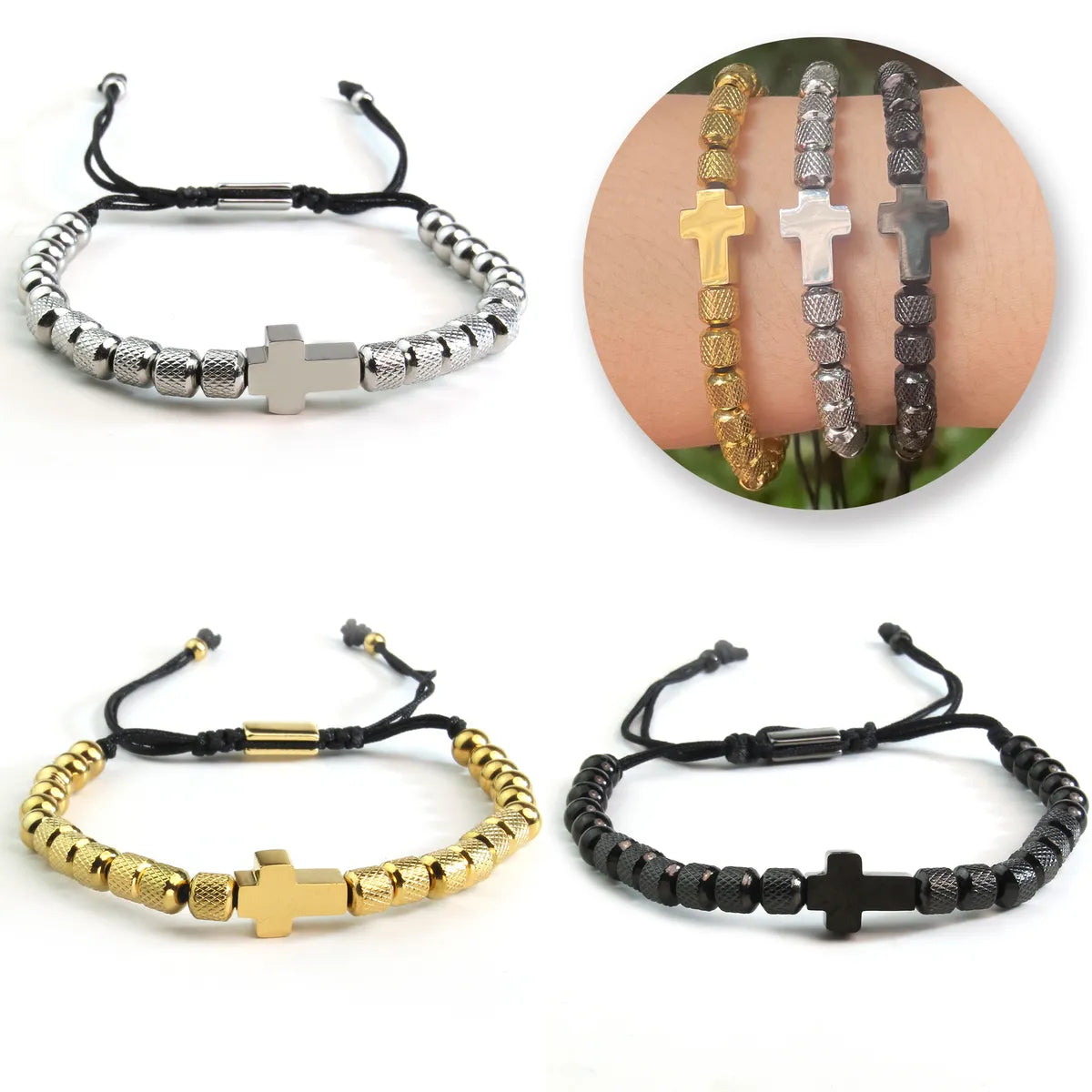 Basic Cross 304 Stainless Steel Beaded Plating Braid 18K Gold Plated Unisex Bracelets